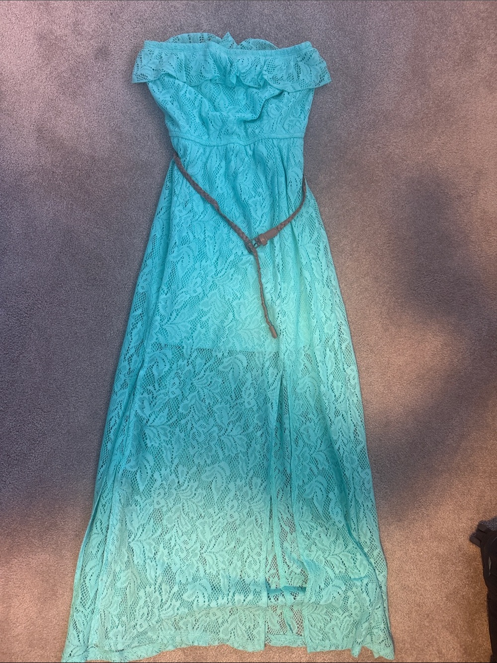 Speechless Aqua Strapless Lace Maxi Dress with Braided Belt